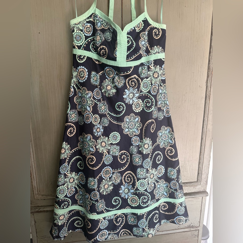 Ann Taylor Loft Mint Green Flower Navy Blue Halter Dress 16